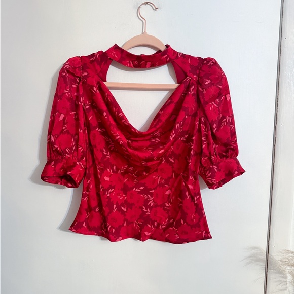 ASTR the label FLORAL MOCK NECK COWL DRAPE TOP in Red Floral - Picture 5 of 8